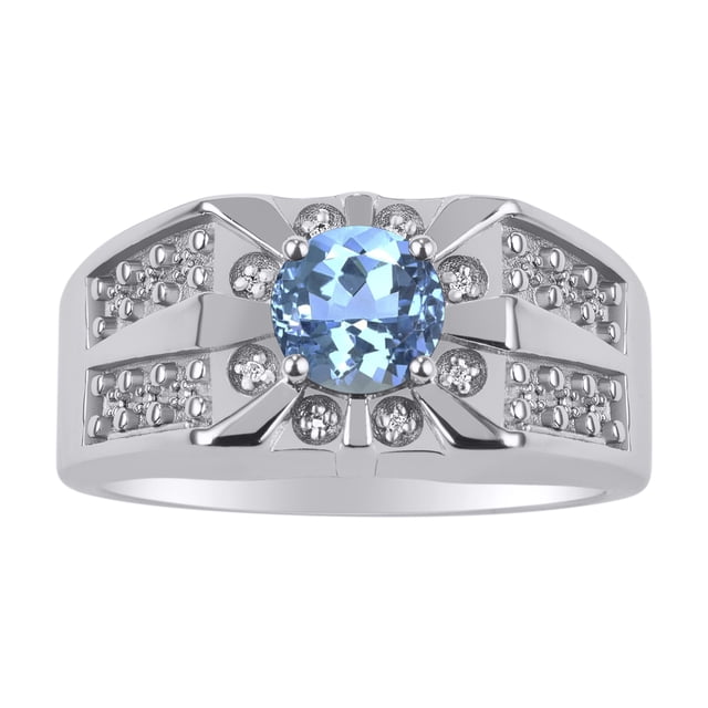 RYLOS Men's Rings Sterling Silver Designer Starburst 7MM Round Gemstone & Diamond Ring Blue Topaz December Birthstone Size 13
