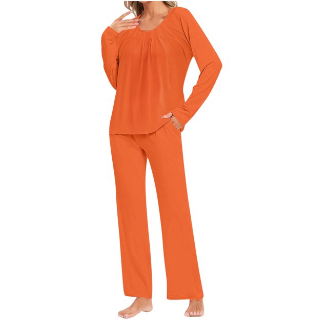 Timegard Ensembles de Pyjamas pour Femmes Confortables, Haut à Manches Longues Froncé à Col Rond et Pantalon, Tenues de Pyjama Amples pour l'Automne