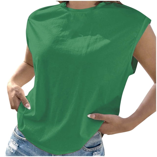 AherBiu Hauts d'Été pour Femmes à Manches Cap, Haut Basique, T-Shirts, Chemises, Confortable, Couleur Unie, Blouse à Col Rond