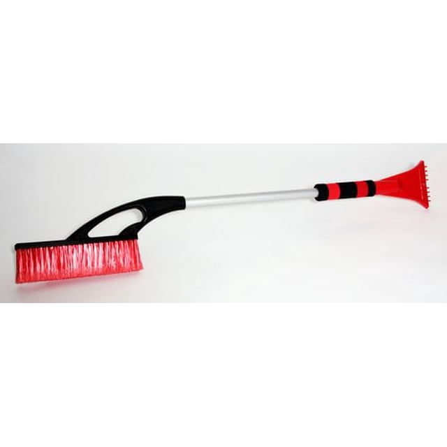 Koolatron Brosse à Neige de Base à Manche Court avec une Tête de Brosse à Neige en Polypropylène durable Comprenant des Poils Rouges Doux et un Grattoir à Glace Rouge Robuste à l'Extrémité Opposée, Reliée par un Manche Argenté avec une Poignée en Mousse Noire et Rouge pour une Prise Ergonomique, Convient au Déneigement des Véhicules.
