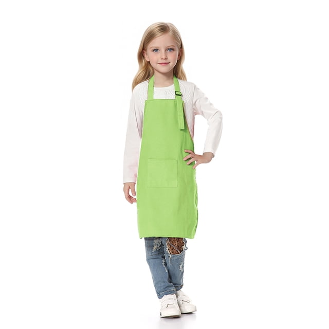 TOPTIE Kids Aprons with Pocket & Adjustable Strap, Child Chef Bib Apron for Kitchen Cooking Baking Painting-Green-XL