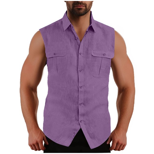 Diufon Mens Sleeveless Button Down Shirts Cotton Linen Summer Beach Vacation Basic Tank Shirts with Pockets