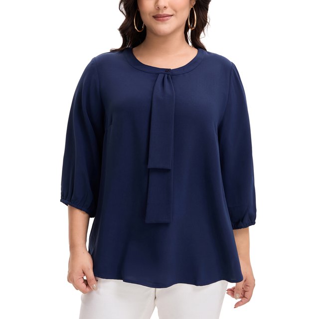 GRACE & GRANDEUR Women's Plus Size Tops Work Round Neck Ruffle Chiffon Blouse Office Top 2X Navy Blue
