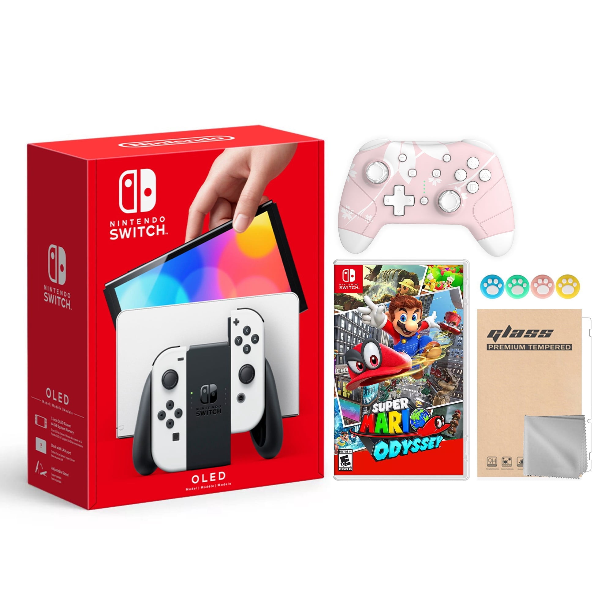 Nintendo Switch OLED Model White Joy Con 64GB Console Improved HD Screen & LAN-Port Dock with Super Mario Odyssey And Mytrix Wireless Switch Pro Controller and Accessories