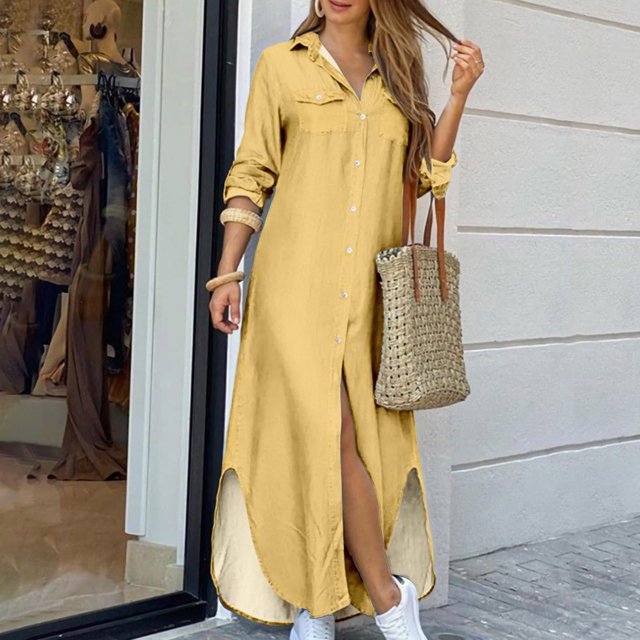 Robes Grande Taille pour Femmes Été Couleur Unie Décontractées à Manches Longues Col Rabattu Robe de Plage Décontractée Maxi Robe d'Été Midi Robes pour Femmes Invitée de Mariage en Liquidation