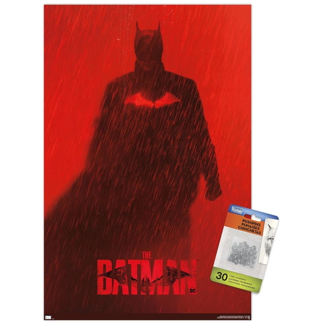 DC Comics Film The Batman - Affiche Murale Teaser Batman en une Feuille, 14,725 Po x 22,375 Po, Représentant une silhouette Sombre de Batman avec un Emblème de Chauve-Souris Rouge Lumineux sur Sa Poitrine sur un Fond Rouge Truffé de Pluie, Présentant « The Batman » comme Titre en Texte Rouge Audacieux au Bas, Imprimée sur du Papier Affiche Lustré, Convenant à la Décoration Murale de la Maison Ou du Bureau.