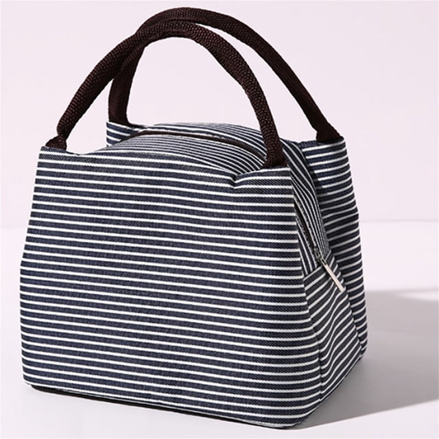 Unisex Outdoor Fashion Style Large Capacity Lunch Bag with a modern striped design in black and white. The bag measures 9.05x5.90x6.29 inches and features a spacious interior for snacks, drinks, and sandwiches. Made of durable nylon with an aluminum thermal insulation lining to keep food fresh. Includes sturdy brown handles and a secure zipper closure. Suitable for office, travel, or casual outings.