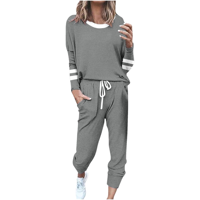Moxiu Women's Long Sleeve Color Block Set - 2 Piece Spring Wide Leg Sweatpants Casual Sweat Set Gray,XXL