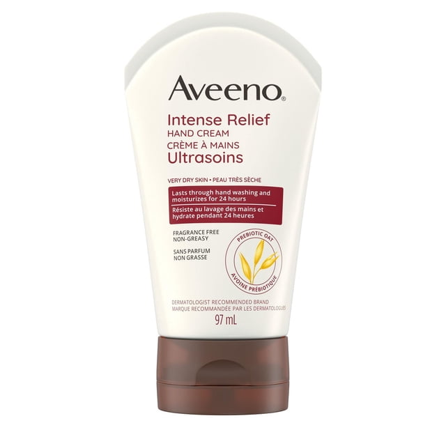 Aveeno Intense Relief Hand Cream in a 97 mL white squeeze tube with brown flip cap, designed for very dry, sensitive skin. This fragrance-free, non-greasy moisturizer with prebiotic oat provides 24-hour hydration lasting through hand washing, dermatologist recommended.