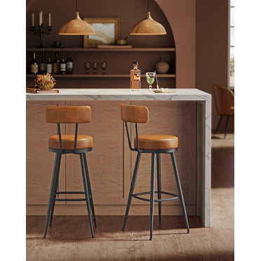VASAGLE EKHO Collection - Bar Stools Set of 2, Swivel Counter Bar Stools with Backs, Synthetic Leather with Stitching, Mid-Century Modern, 30-Inch Tall, Kitchen Home Bar, Caramel Brown