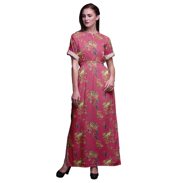 Bimba Rayon Black Berry & Yellow Sparrow Bird Womens Printed Side Slit SummerDressLong Maxi Gown-Small