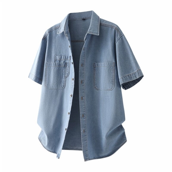 hoksml Men's Denim Button-Down Shirts Coat Summer Casual Solid Color Collared Short Sleeve Collar Pocket Summer Thin Fashion Shirt Tops 2025 Clearance