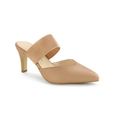 BLISSFUL STEP Women's Pointed Toe Elastic Strap Stiletto Heelsed Mules Nude 8