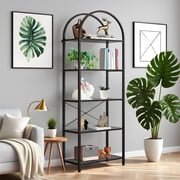 Modern Arched 5-Tier Bookshelf – Tall Narrow Black Metal Frame Bookcase – Freestanding Display Shelving Unit for Living Room, Home Office, or Bathroom – 60x28x180cm – Black Frame + Black Shelves