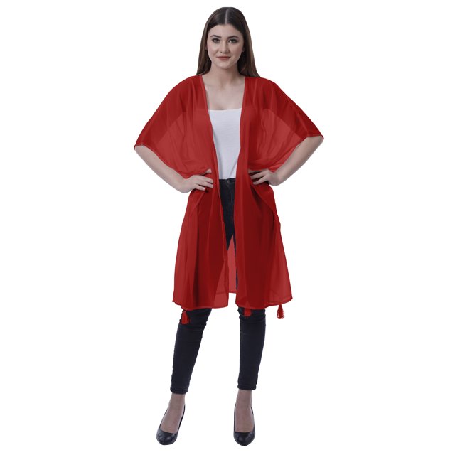 Moomaya Boléro en Georgette pour Femmes, Ouvert à l'Avant, Long et Transparent, avec Pompons