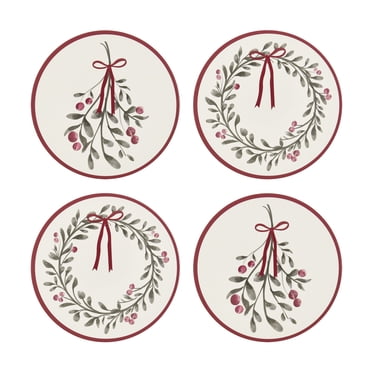 Holiday Time Cranberry Spice Collection Berry Red Bow Round Cork Coasters, Decorative Table Protector Pad, 4-Pack