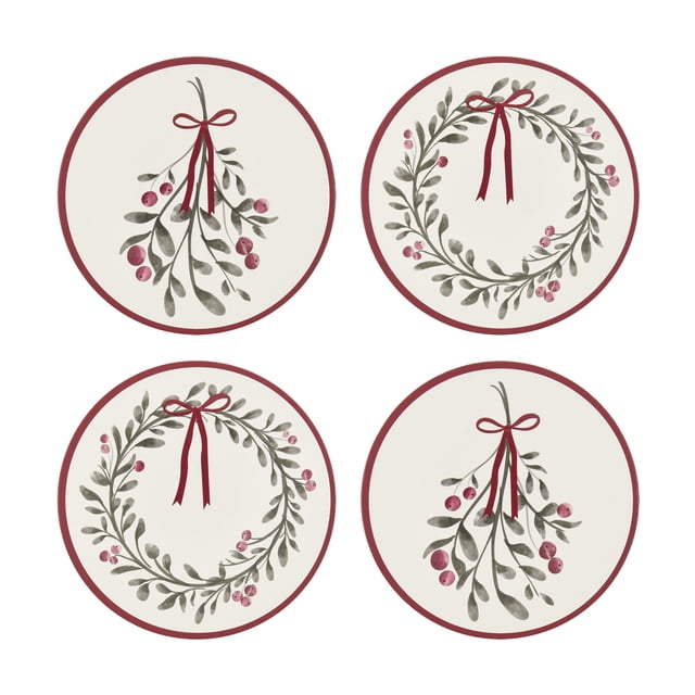 Holiday Time Cranberry Spice Collection Berry Red Bow Round Cork Coasters, Decorative Table Protector Pad, 4-Pack
