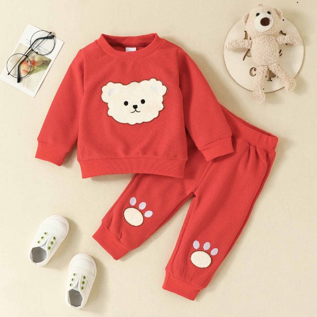 Tenues Deux Pièces Hiver Ours Brodé Manches Longues Col Rond Pull Pantalon Ensemble Deux Pièces en Solde