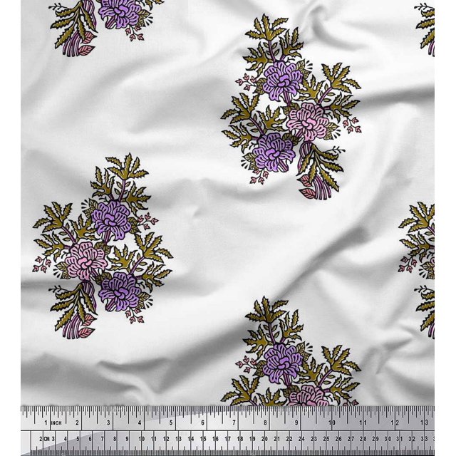 Soimoi Poly Georgette Fabric Leaves & Floral Block Printed Craft Fabric by The Yard 52 Inch Wide