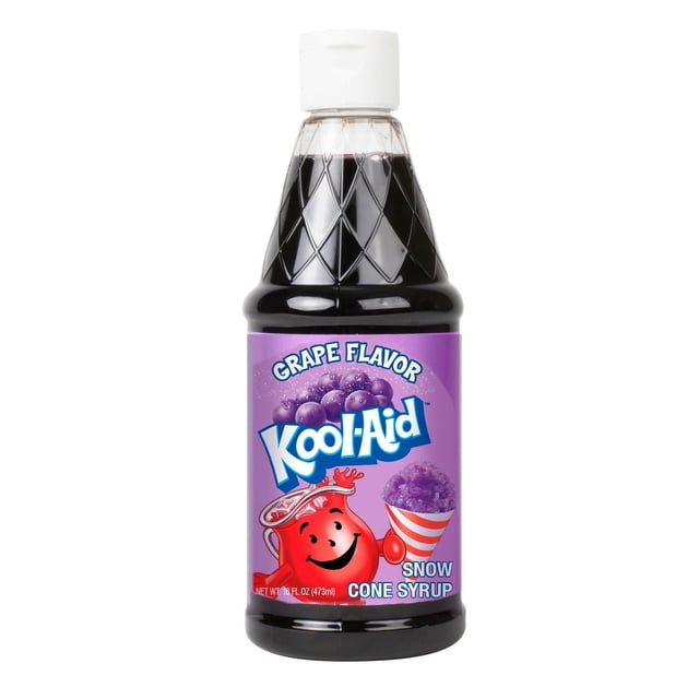 Kool-Aid Snow Cone Syrup, Grape - 16-oz bottle with clear plastic featuring diamond texture near the top, filled with dark purple grape syrup and a white flip-top cap. The purple label shows the Kool-Aid logo, grape graphics, and the red pitcher mascot holding a striped cone with purple shaved ice. Ideal for making grape-flavored snow cones, slushies, and shaved ice for summer fun and parties.