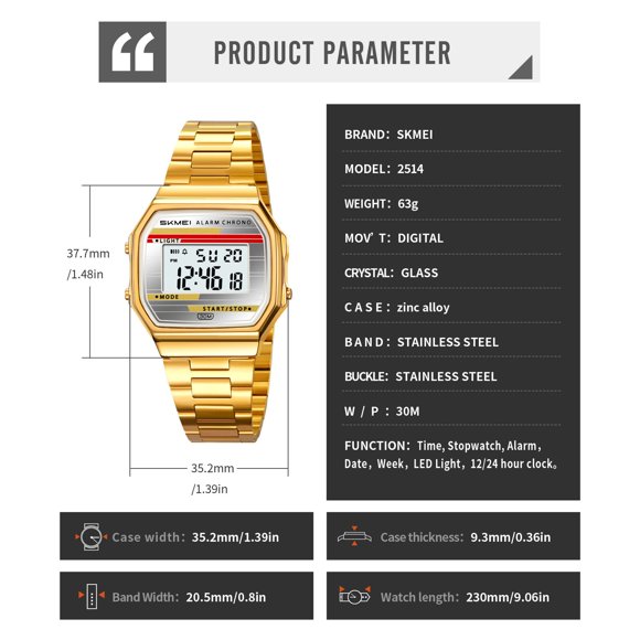 Digital Watch with LED Backlight, 30M Water Resistance, Stainless Steel Bracelet, Alarm and Stopwatch Functions