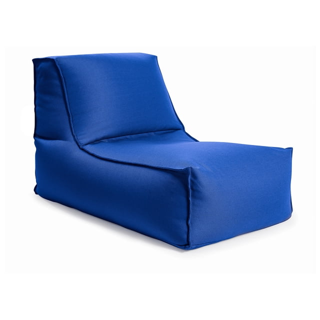 Gouchee Home Alpine Blue Bean Bag Lounger in water-repellent blue olefin fabric with a high backrest and rectangular base filled with high-density Canadian polystyrene beads, shown in a front 3/4 view on white background, ideal for kids' indoor or outdoor seating and poolside relaxation.