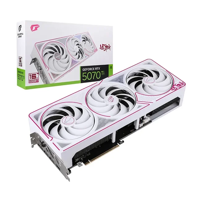 Colorful iGame RTX 5070 Ti Ultra W OC 16GB Graphics Card front-facing product view showing full-length PCI Express 4.0 x16 card with visible HDMI and DisplayPort connectors, GDDR6X 16GB label, customizable RGB lighting accents, three-monitor support and 8K playback capability; suitable for multi-monitor workstations and GPU-accelerated video editing.