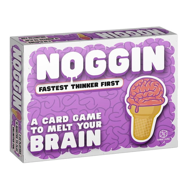 NOGGIN - PARTY GAME - Boîte de Cartes GAME en Anglais avec Arrière-Plan de Motif de Cerveau Violet et Graphique de Cornet de Crème Glacée au Cerveau Fondant, Présentant un Texte Blanc Audacieux « Fastest Thinker First » et « A card GAME to melting Your brain », Idéal pour un Jeu de Cartes Familial Rapide, Amusant et un Défi mental.