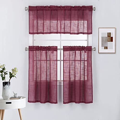 Diamond Home Linens 3 Piece Linen Semi Sheer Kitchen Window Curtain Tiers and Valance Set 36"" Long Burgundy.