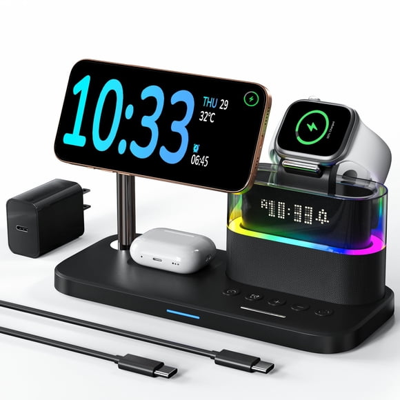 5 in 1 Wireless Charging Station for Apple,Mag-Safe Charger with Alarm Clock Night Light for Multiple Devices,Nightstand Charging Station for iPhone