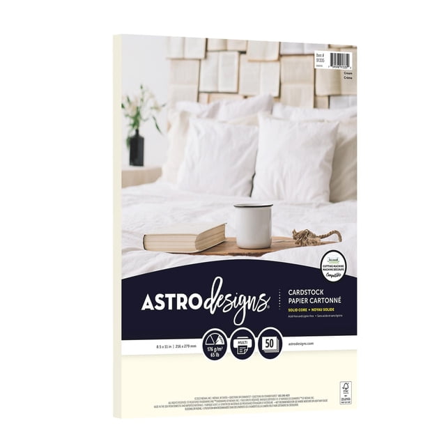 Astrodesigns Cream Cardstock pack with 50 sheets of 8.5 x 11 inch cream cardstock, 65 lb (176 gsm), acid-free and lignin-free for lasting quality, compatible with electronic cutting machines, shown with a cozy bed scene featuring pillows, book, and mug.