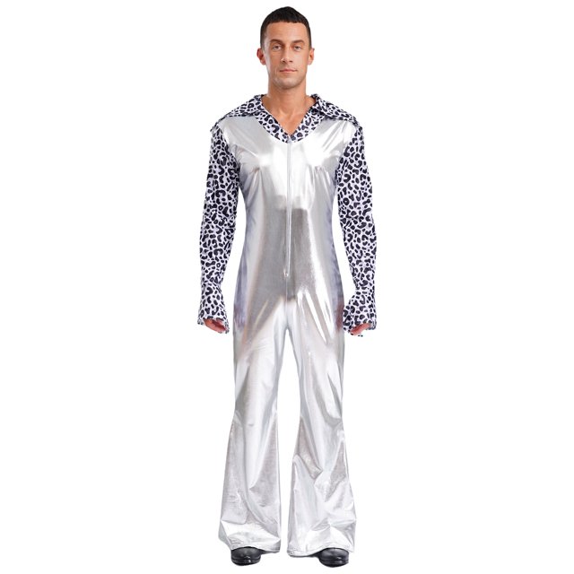iiniim Men Shiny Metallic Jumpsuits 70s Disco Dance Leotards Stage Performance Costume Wide Leg Rompers Silver L