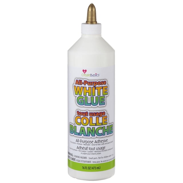 Create Basics 16 Oz. All Purpose White Glue in a white plastic squeeze bottle with a gold twist nozzle, labeled in English and French as a nontoxic, washable adhesive suitable for kids' crafts, slime, paper projects, and classroom activities, 473 mL.