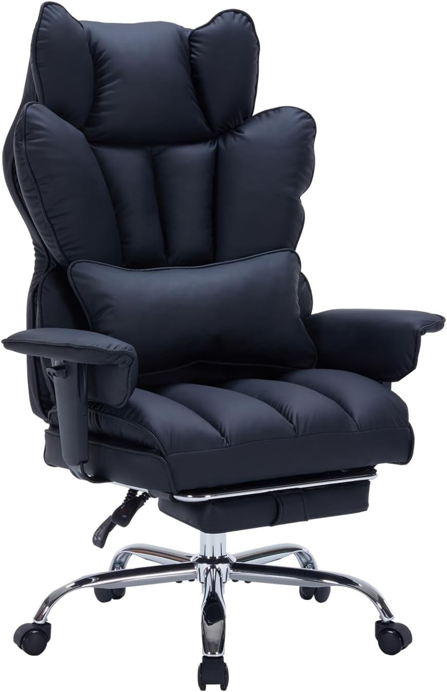 Big and Tall Office Chair with Footrest 400lb Wide Seat Leather Executive Chair Cat-Ear Design Silent Wheels Black