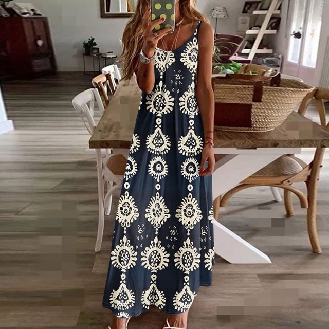 Ovzne Robes d'Été pour Femmes 2025 Robe pour Femme Robes d'Été pour Femmes Imprimé Sans Manches Col Rond Robe Décontractée Longues Robes Grande Taille Robe Imprimée Liquidation