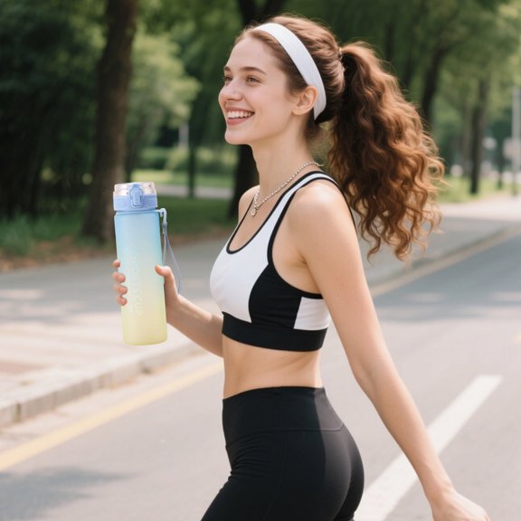 Bouteille d'Eau Dégradée 800ml / Grande Capacité Bouteille de Sport Étanche avec Sangle / Couvercle à Ouverture d'Un Bouton pour Étudiants, Gym, Voyage et École
