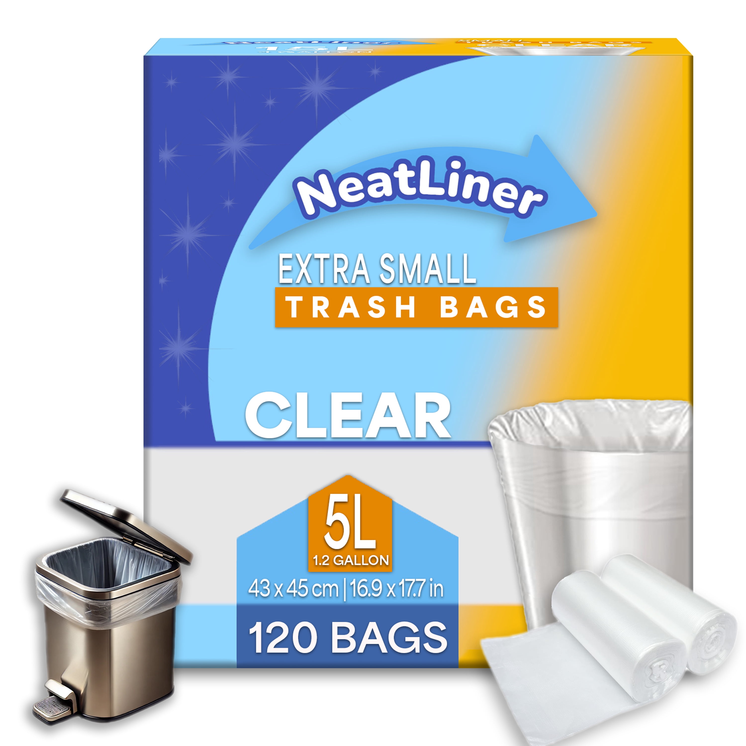 NeatLiner™ 5L Clear Extra Small Garbage Bags – 120 Count Trash Bags for Bathroom and Office - Fits up to 5 Litres Kitchen Bins