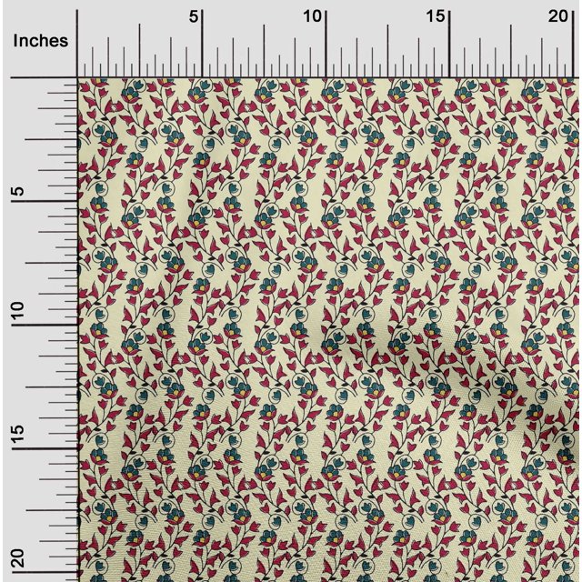 oneOone Silk Tabby Fabric Leaves & Floral Block Print Fabric BTY 42 Inch Wide