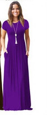 Long Dress Short Sleeve Summer Maxi Dress Solid Color Woman Wear, Purple, XXL