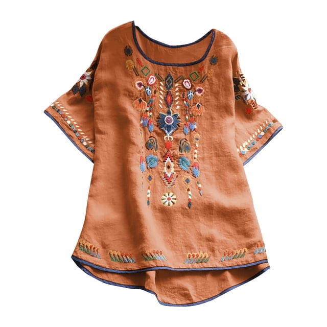 Blouses pour Femmes, T-Shirt Mode Décontracté Ample de Printemps Été pour Femmes, Couleur, Manches Courtes, Col Rond, Hauts Brodés, Blouse en Coton et Lin