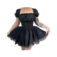 thumbnail image 2 of FAROOT Women?s Solid Color Bandage Puff Sleeve Lace Trim A-line Short Dress, 2 of 5