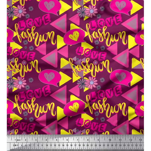 Soimoi Pink Cotton Cambric Fabric Text,Heart & Triangle Geometric Print Fabric by Yard 56 Inch Wide