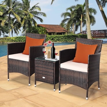 Gymax 3PCS Patio Outdoor Rattan Furniture Set w/ Cushioned Chairs Coffee Table