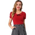 thumbnail image 1 of INSPIRE CHIC Women's Flat Collar Short Sleeve Elastic Cuff Bow Decor Blouse Top Red L, 1 of 6