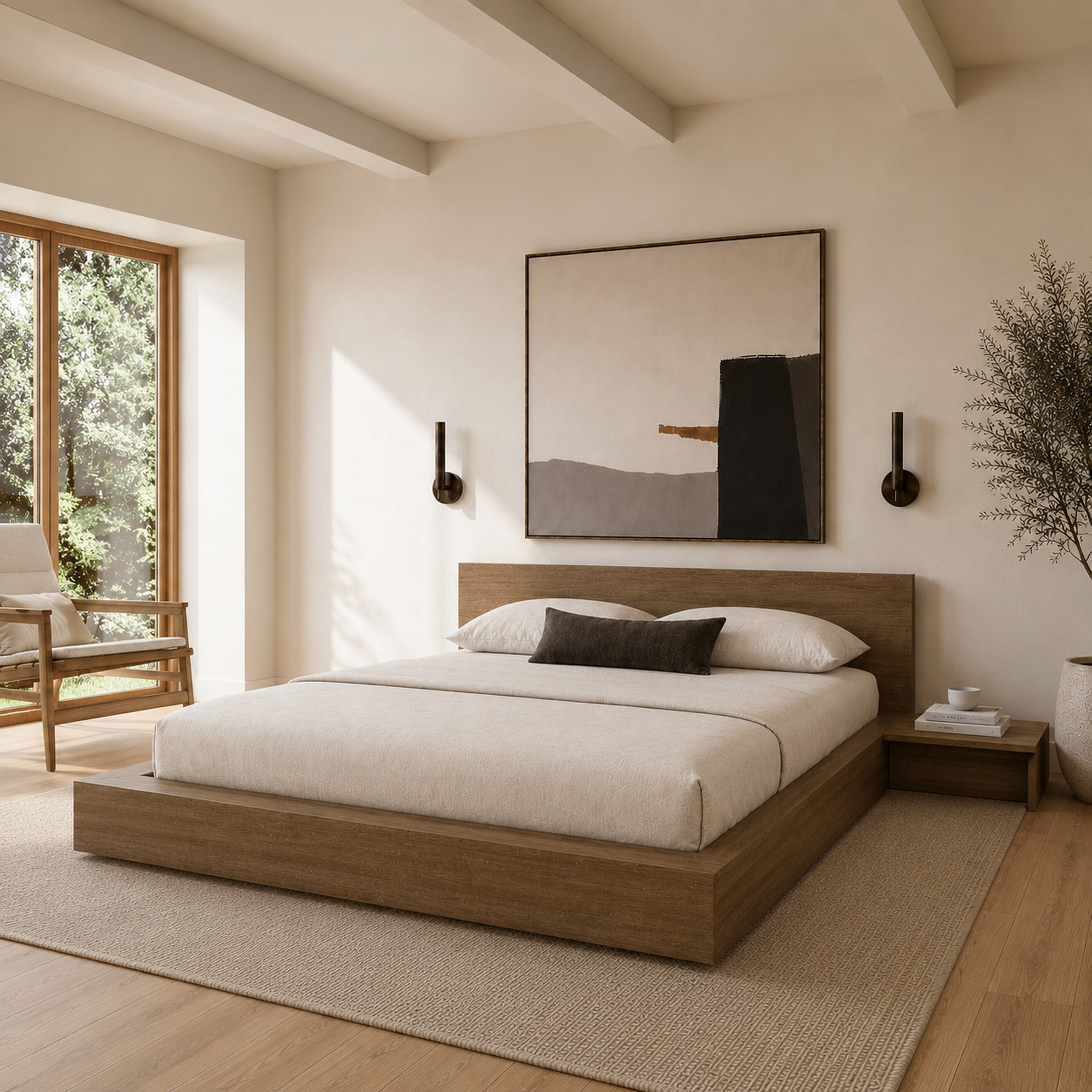 Ensemble de chambre à coucher Nexera Kanso 4 pièces avec lit queen size et plateforme basse, Chêne brun
