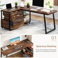 thumbnail image 2 of Fnova 53.15" L-shaped Computer Desk with 3 Drawers, Wood Tabletop, Metal Frame Office Desk, Brown, 2 of 13
