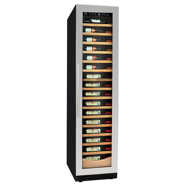 Kenmore Elite 112 Bottle Wine Fridge, 18-Inch built-in or freestanding wine refrigerator with black cabinet and stainless steel door frame, front-venting design, digital touch controls, full-surround LED lighting, and wooden shelves storing wine bottles horizontally behind UV-protective glass.