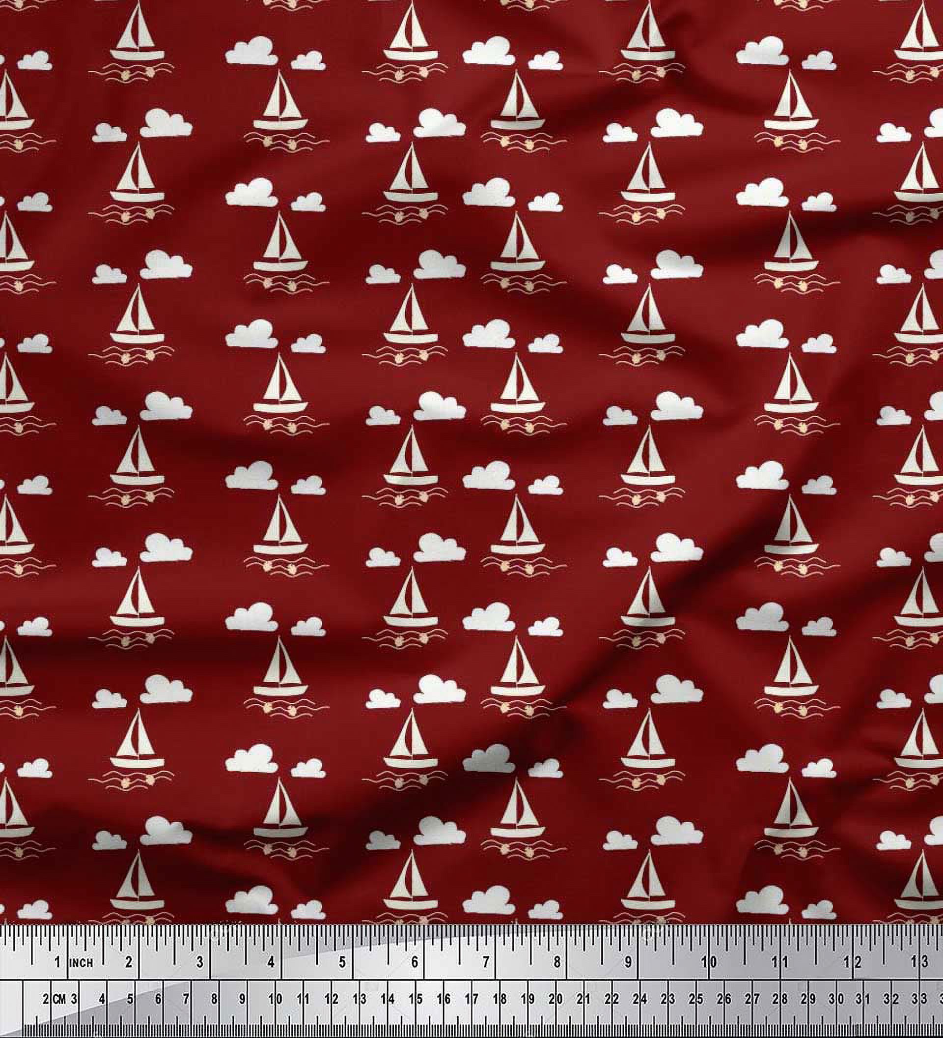 Soimoi Polyester Crepe Fabric Cloud,Fish & Yacht Nautical Decor Fabric Printed Yard 42 Inch Wide