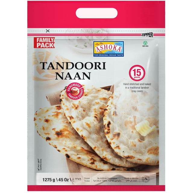 Frozen Plain Tandoori Naan family pack by Ashoka with 15 hand-stretched Indian flatbreads baked in a traditional clay tandoor oven, showing charred spots and a butter pat on one naan, packaged in a 1275 g (45 oz) resealable frozen bread bag ideal for quick meal preparation.