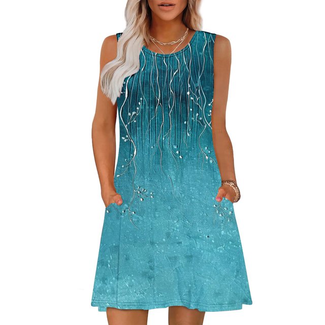 Ovzne Robes d'Été pour Femmes Robe Femme Imprimé Sans Manches Col Rond Aguichant Élégante Boîte de Nuit Fête Tunique Mini Robes Décontractées Vacances Robe Vacances Robe Imprimée Liquidation
